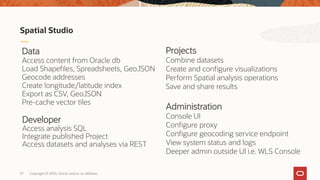 Copyright © 2020, Oracle and/or its affiliates37
Spatial Studio
Data
Access content from Oracle db
Load Shapefiles, Spreadsheets, GeoJSON
Geocode addresses
Create longitude/latitude index
Export as CSV, GeoJSON
Pre-cache vector tiles
Projects
Combine datasets
Create and configure visualizations
Perform Spatial analysis operations
Save and share results
Developer
Access analysis SQL
Integrate published Project
Access datasets and analyses via REST
Administration
Console UI
Configure proxy
Configure geocoding service endpoint
View system status and logs
Deeper admin outside UI i.e. WLS Console
 