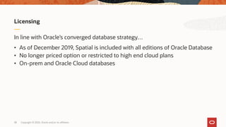 Copyright © 2020, Oracle and/or its affiliates38
In line with Oracle’s converged database strategy…
• As of December 2019, Spatial is included with all editions of Oracle Database
• No longer priced option or restricted to high end cloud plans
• On-prem and Oracle Cloud databases
Licensing
 