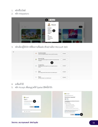 55
วิทยากร : ดร.กฤษณพงศ์ เลิศบำรุงชัย
1. คลิกที่โปรไฟล์
2. คลิก Integrations
3. คลิกเลือกผู้ให้บริการที่ต้องการเชื่อมต่อ (ตัวอย่างเลือก Microsoft 365)
4. ลงชื่อเข้าใช้
5. คลิก Accept เพื่ออนุญาตให้ Spatial มีสิทธิ์เข้าถึง
 