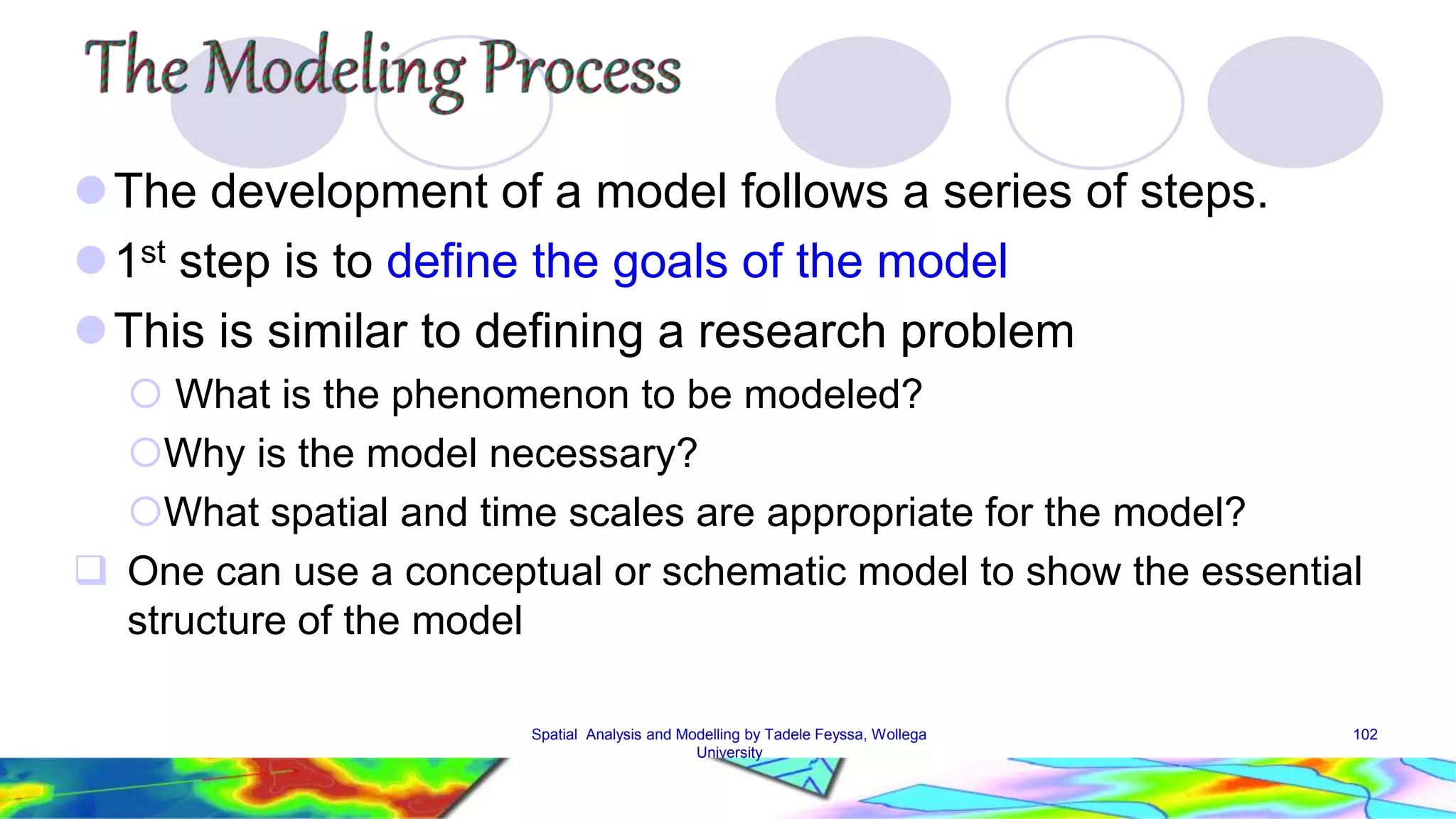 The development of a model follows a series of steps. 1st step is to define the goals of the model This is similar to defining a research problem  What is the phenomenon to be modeled? Why is the model necessary? What spatial and time scales are appropriate for the model?  One can use a conceptual or schematic model to show the essential structure of the model Spatial Analysis and Modelling by Tadele Feyssa, Wollega 102 University 