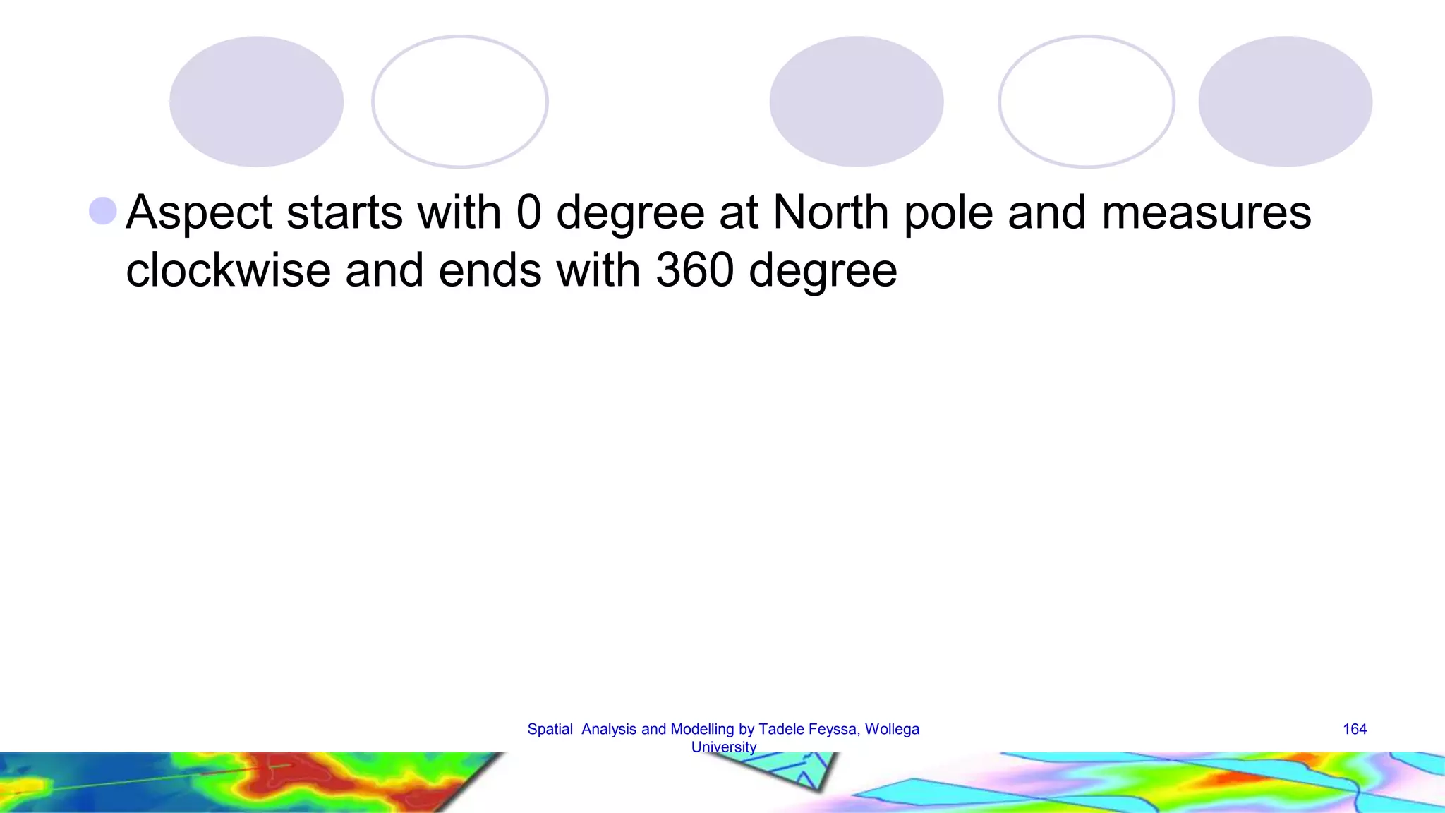Aspect starts with 0 degree at North pole and measures clockwise and ends with 360 degree Spatial Analysis and Modelling by Tadele Feyssa, Wollega 164 University 