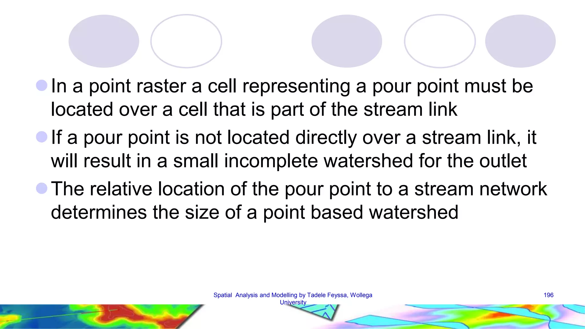  In a point raster a cell representing a pour point must be located over a cell that is part of the stream link  If a pour point is not located directly over a stream link, it will result in a small incomplete watershed for the outlet The relative location of the pour point to a stream network determines the size of a point based watershed Spatial Analysis and Modelling by Tadele Feyssa, Wollega 196 University 