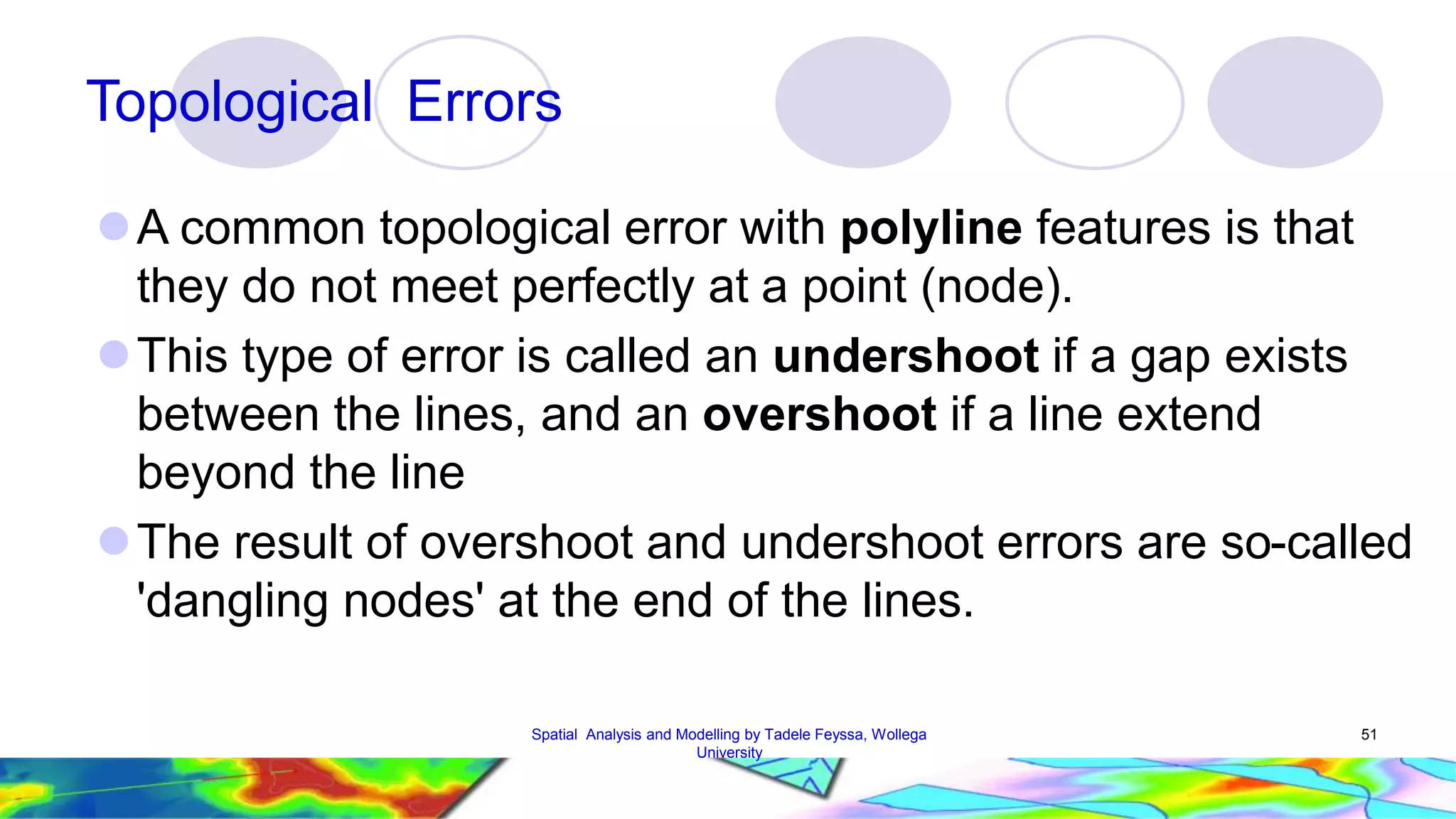 Topological Errors A common topological error with polyline features is that they do not meet perfectly at a point (node). This type of error is called an undershoot if a gap exists between the lines, and an overshoot if a line extend beyond the line The result of overshoot and undershoot errors are so-called 'dangling nodes' at the end of the lines. Spatial Analysis and Modelling by Tadele Feyssa, Wollega 51 University 