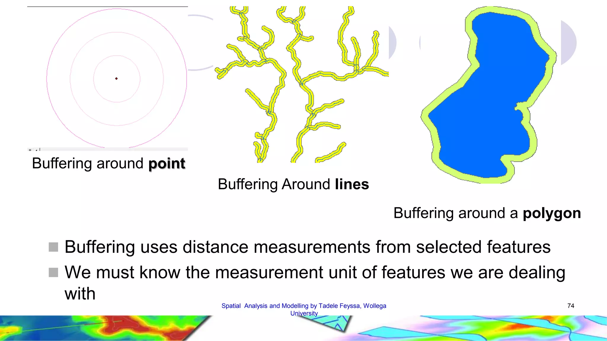 Buffering around point Buffering Around lines Buffering around a polygon  Buffering uses distance measurements from selected features  We must know the measurement unit of features we are dealing with Spatial Analysis and Modelling by Tadele Feyssa, Wollega 74 University 
