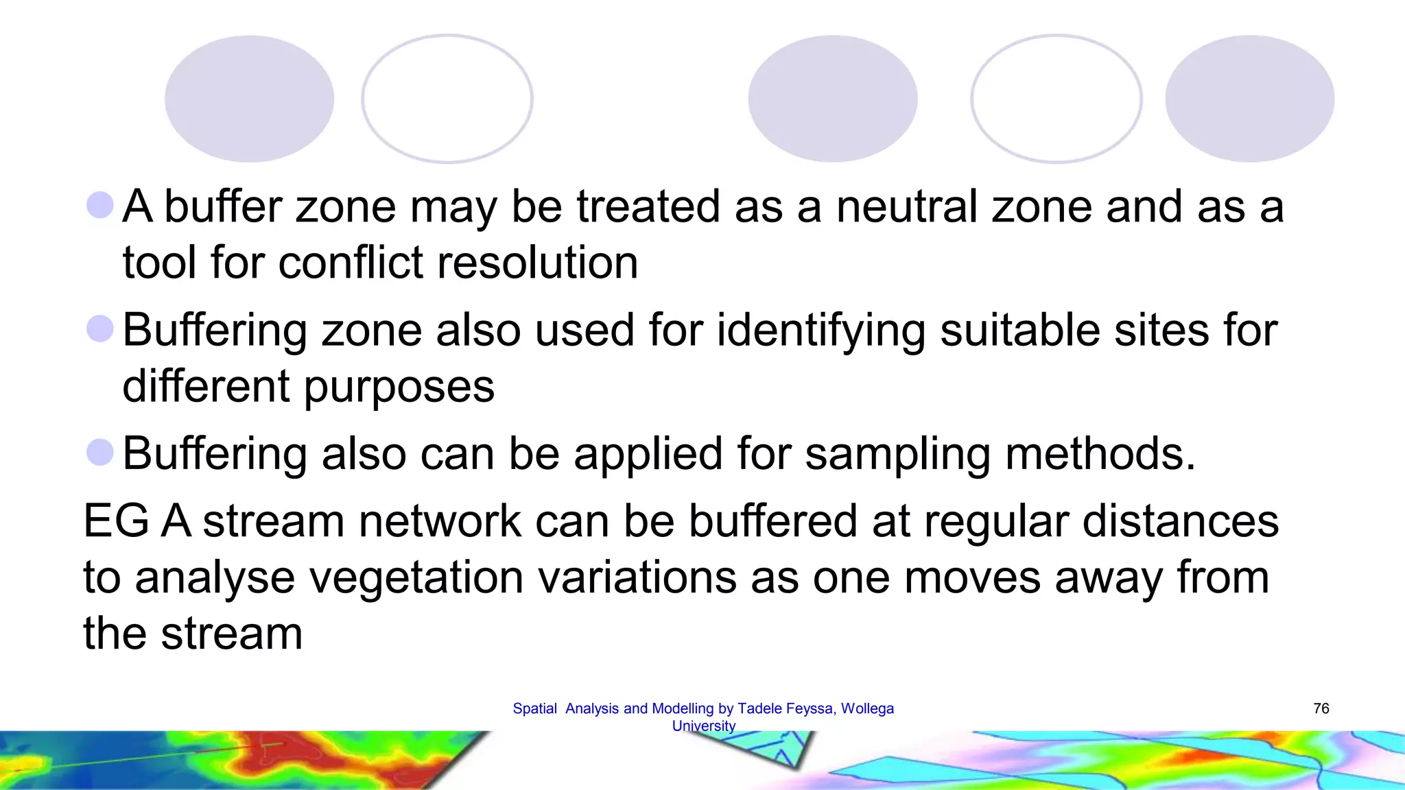 A buffer zone may be treated as a neutral zone and as a tool for conflict resolution Buffering zone also used for identifying suitable sites for different purposes Buffering also can be applied for sampling methods. EG A stream network can be buffered at regular distances to analyse vegetation variations as one moves away from the stream Spatial Analysis and Modelling by Tadele Feyssa, Wollega 76 University 