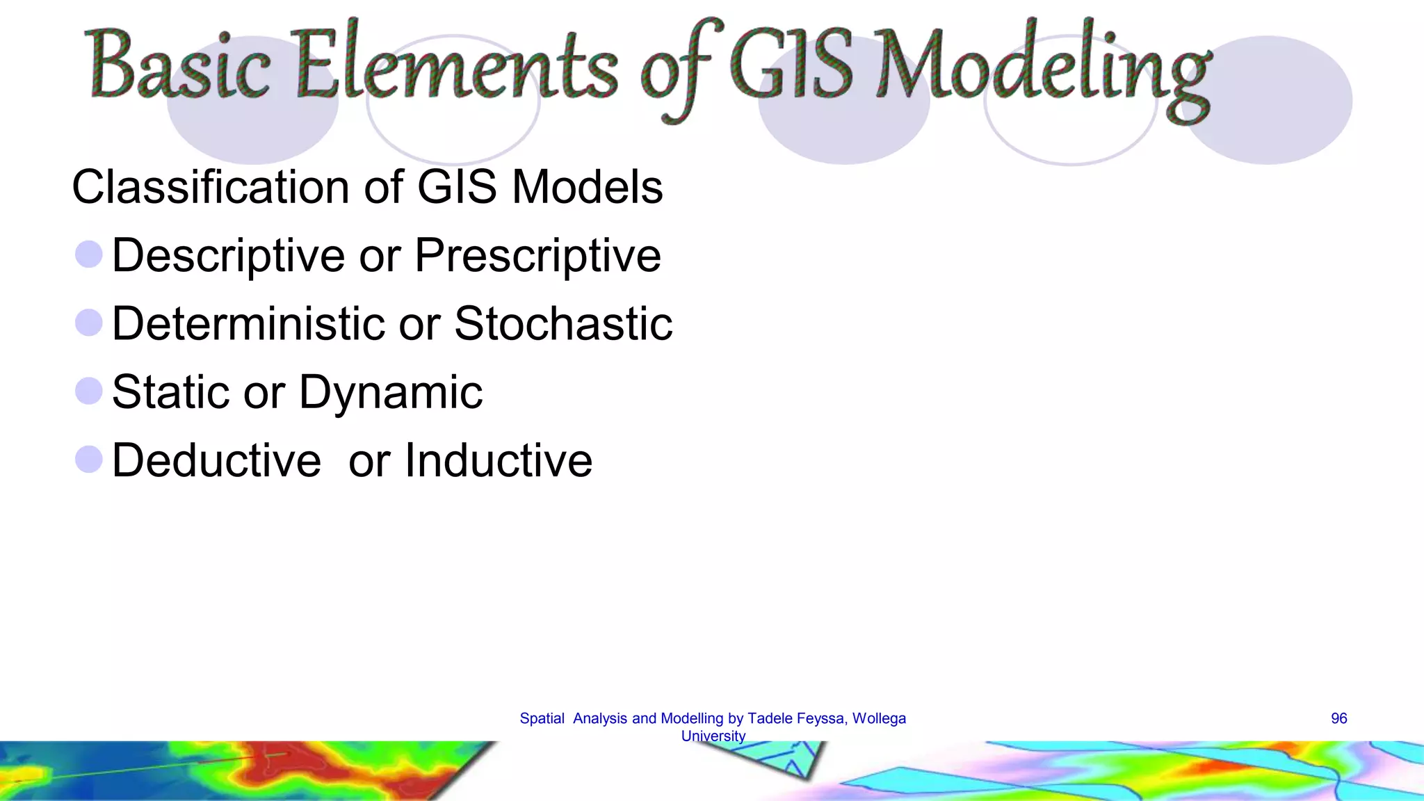 Classification of GIS Models Descriptive or Prescriptive Deterministic or Stochastic Static or Dynamic Deductive or Inductive Spatial Analysis and Modelling by Tadele Feyssa, Wollega 96 University 
