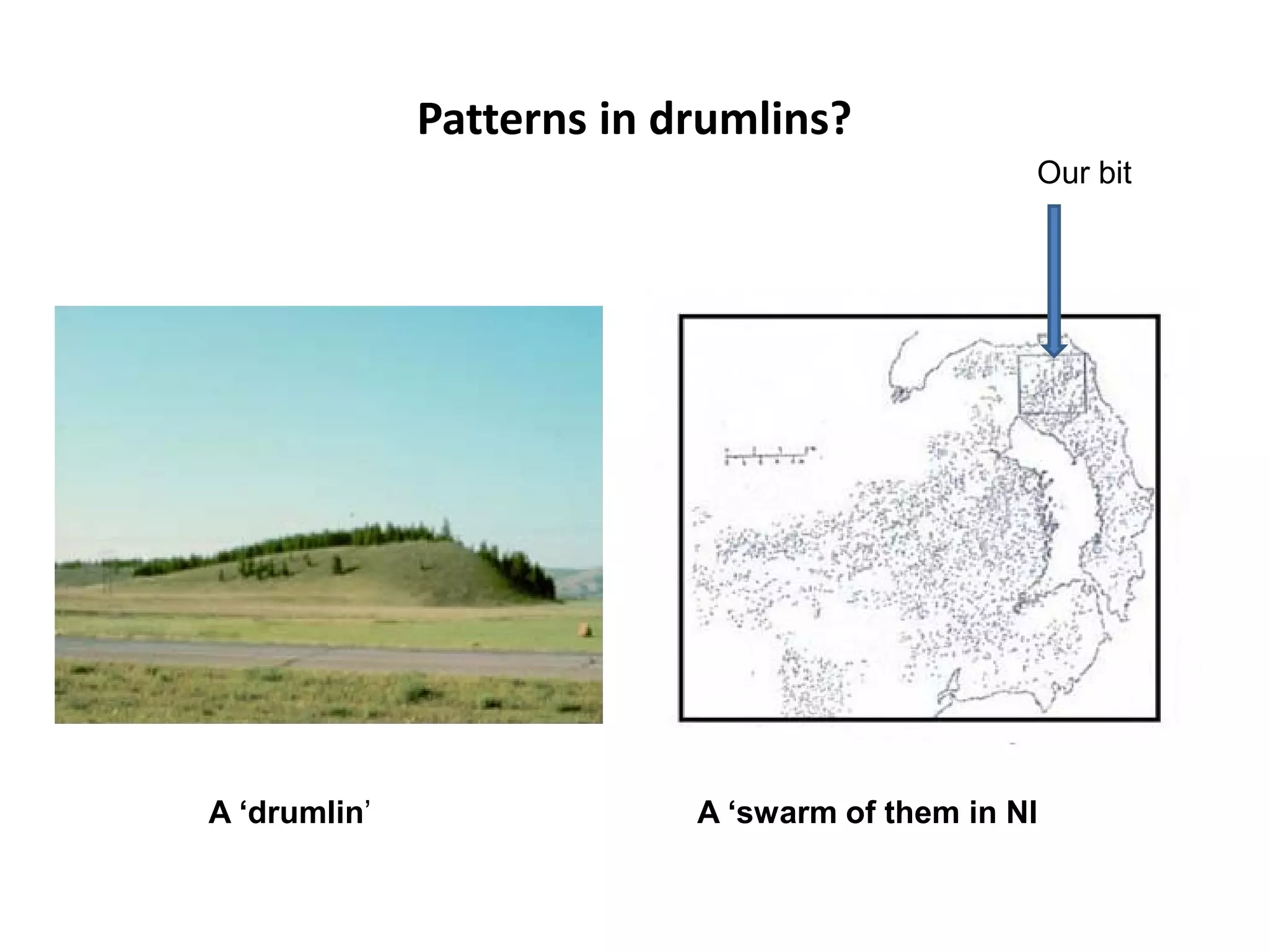 Patterns in drumlins? Our bit A ‘drumlin’ A ‘swarm of them in NI 