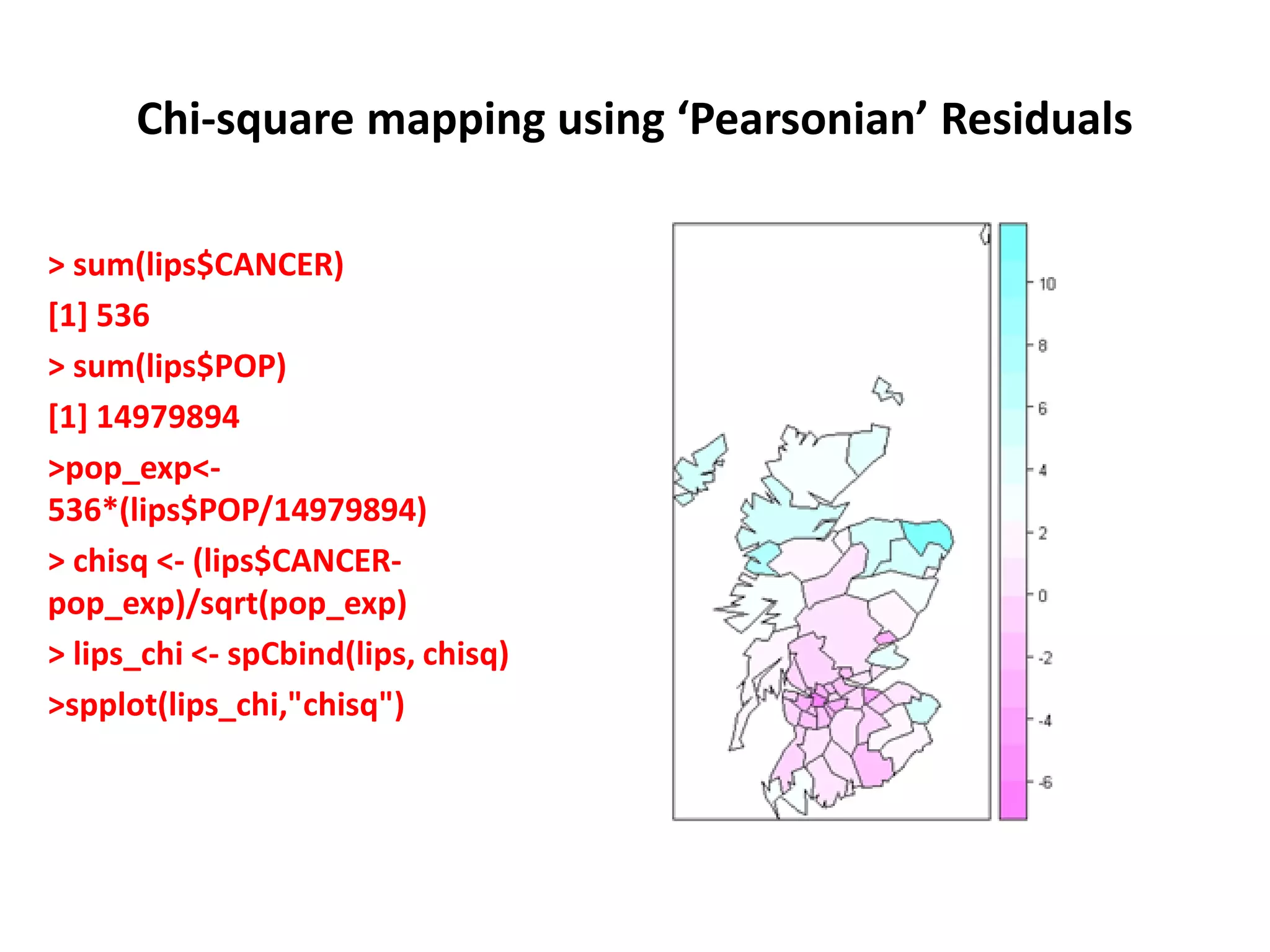 Chi-square mapping using ‘Pearsonian’ Residuals > sum(lips$CANCER) [1] 536 > sum(lips$POP) [1] 14979894 >pop_exp<- 536*(lips$POP/14979894) > chisq <- (lips$CANCER- pop_exp)/sqrt(pop_exp) > lips_chi <- spCbind(lips, chisq) >spplot(lips_chi,"chisq") 