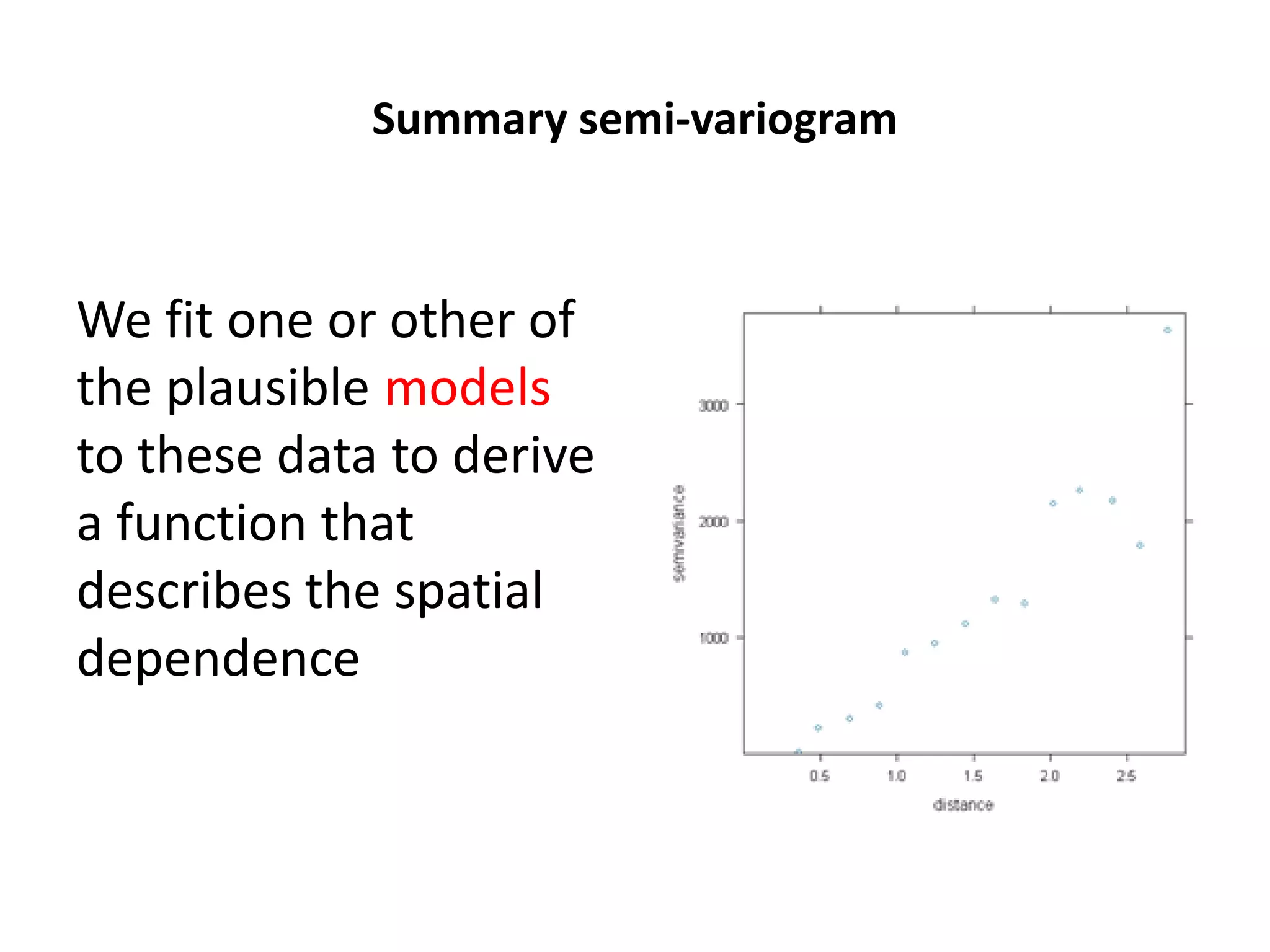 Summary semi-variogram We fit one or other of the plausible models to these data to derive a function that describes the spatial dependence 
