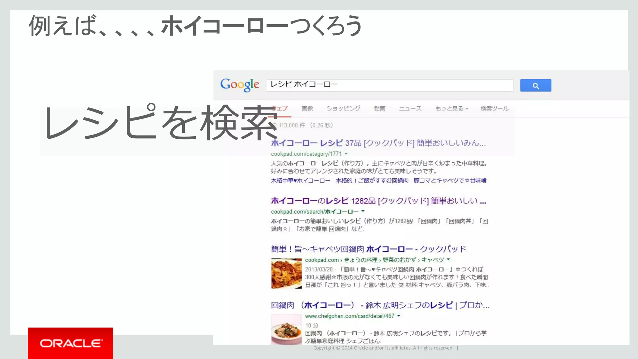 Copyright	©	2014	Oracle	and/or	its	affiliates.	All	rights	reserved.		|
例えば、、、、ホイコーローつくろう
レシピを検索
 