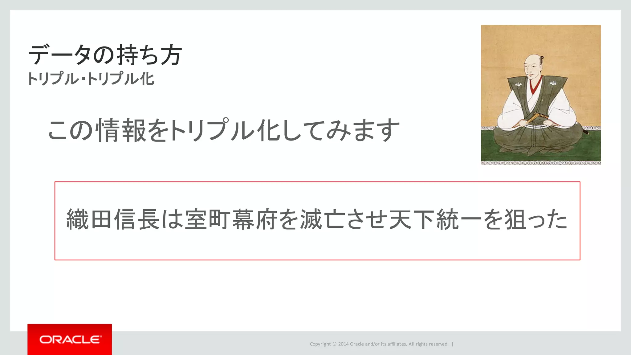 Copyright	©	2014	Oracle	and/or	its	affiliates.	All	rights	reserved.		|
データの持ち方
トリプル・トリプル化
織田信長は室町幕府を滅亡させ天下統一を狙った
この情報をトリプル化してみます
 