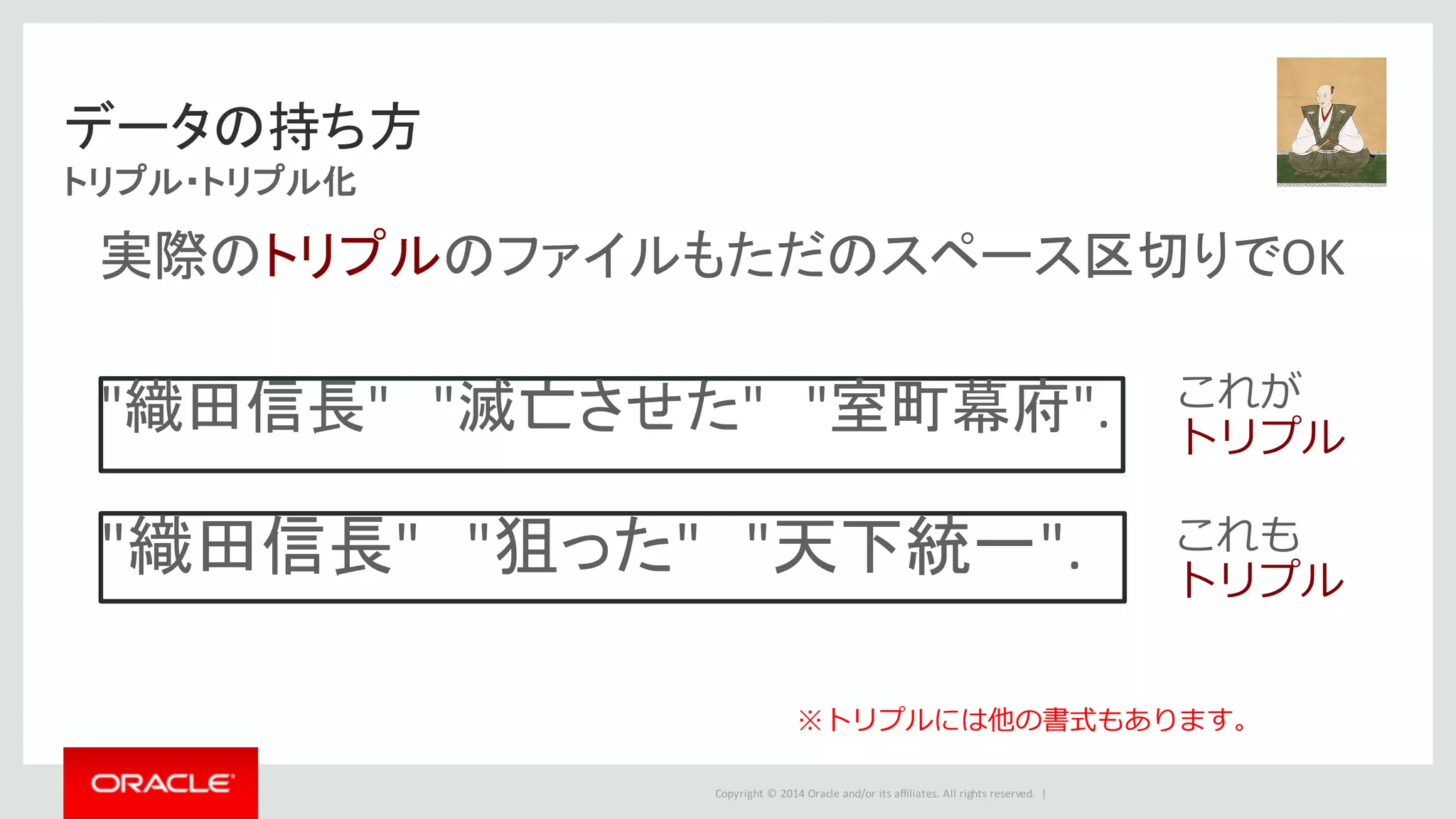 Copyright	©	2014	Oracle	and/or	its	affiliates.	All	rights	reserved.		|
"織田信長" "狙った" "天下統一".
"織田信長" "滅亡させた" "室町幕府".
データの持ち方
トリプル・トリプル化
実際のトリプルのファイルもただのスペース区切りでOK
これが
トリプル
これも
トリプル
※トリプルには他の書式もあります。
 