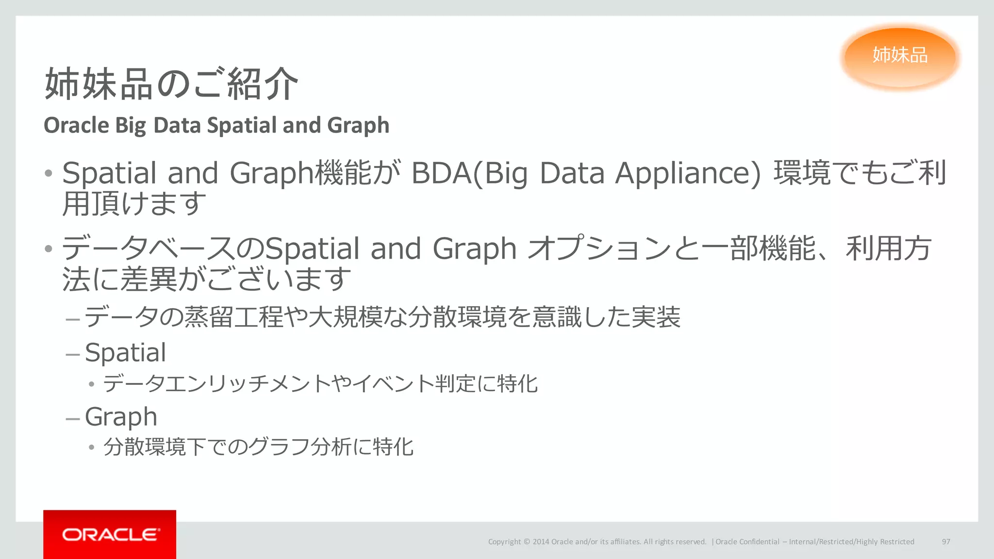 Copyright	©	2014	Oracle	and/or	its	affiliates.	All	rights	reserved.		|
姉妹品のご紹介
Oracle	Big	Data	Spatial	and	Graph	
• Spatial and Graph機能が BDA(Big Data Appliance) 環境でもご利
⽤頂けます
• データベースのSpatial and Graph オプションと⼀部機能、利⽤⽅
法に差異がございます
– データの蒸留⼯程や⼤規模な分散環境を意識した実装
– Spatial
• データエンリッチメントやイベント判定に特化
– Graph
• 分散環境下でのグラフ分析に特化
Oracle	Confidential	– Internal/Restricted/Highly	Restricted 97
姉妹品
 