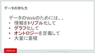 Copyright	©	2014	Oracle	and/or	its	affiliates.	All	rights	reserved.		|
データの持ち方
データのWebのためには、、
• 情報をトリプル化して
• グラフ化して
• オントロジーを定義して
• 大量に蓄積
 