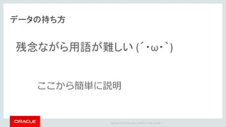 Copyright	©	2014	Oracle	and/or	its	affiliates.	All	rights	reserved.		|
データの持ち方
残念ながら用語が難しい (´・ω・｀)
ここから簡単に説明
 