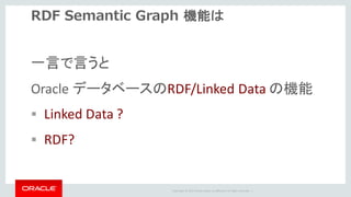Copyright	©	2014	Oracle	and/or	its	affiliates.	All	rights	reserved.		|
RDF Semantic Graph 機能は
一言で言うと
Oracle	データベースのRDF/Linked	Data の機能
§ Linked	Data	?
§ RDF?
 