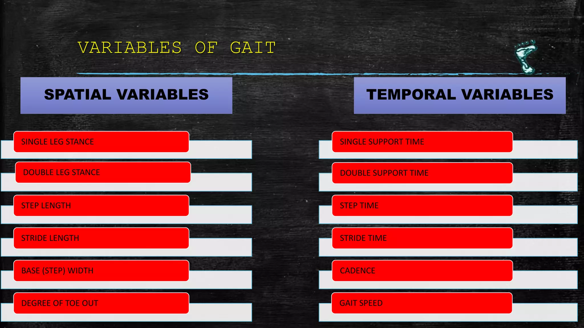 VARIABLES OF GAIT
SPATIAL VARIABLES
SINGLE LEG STANCE
DOUBLE LEG STANCE
STEP LENGTH
STRIDE LENGTH
BASE (STEP) WIDTH
DEGREE OF TOE OUT
TEMPORAL VARIABLES
SINGLE SUPPORT TIME
DOUBLE SUPPORT TIME
STEP TIME
STRIDE TIME
CADENCE
GAIT SPEED
 