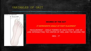 VARIABLES OF GAIT
DEGREE OF TOE OUT
IT REPRESENTS ANGLE OF FOOT PLACEMENT
MEASUREMENT – ANGLE FORMED BY EACH FOOT’S LINE OF
LINE INTERSECTING THE CENTER OF HEEL AND THE SECOND TOE
MEN - 7°
 