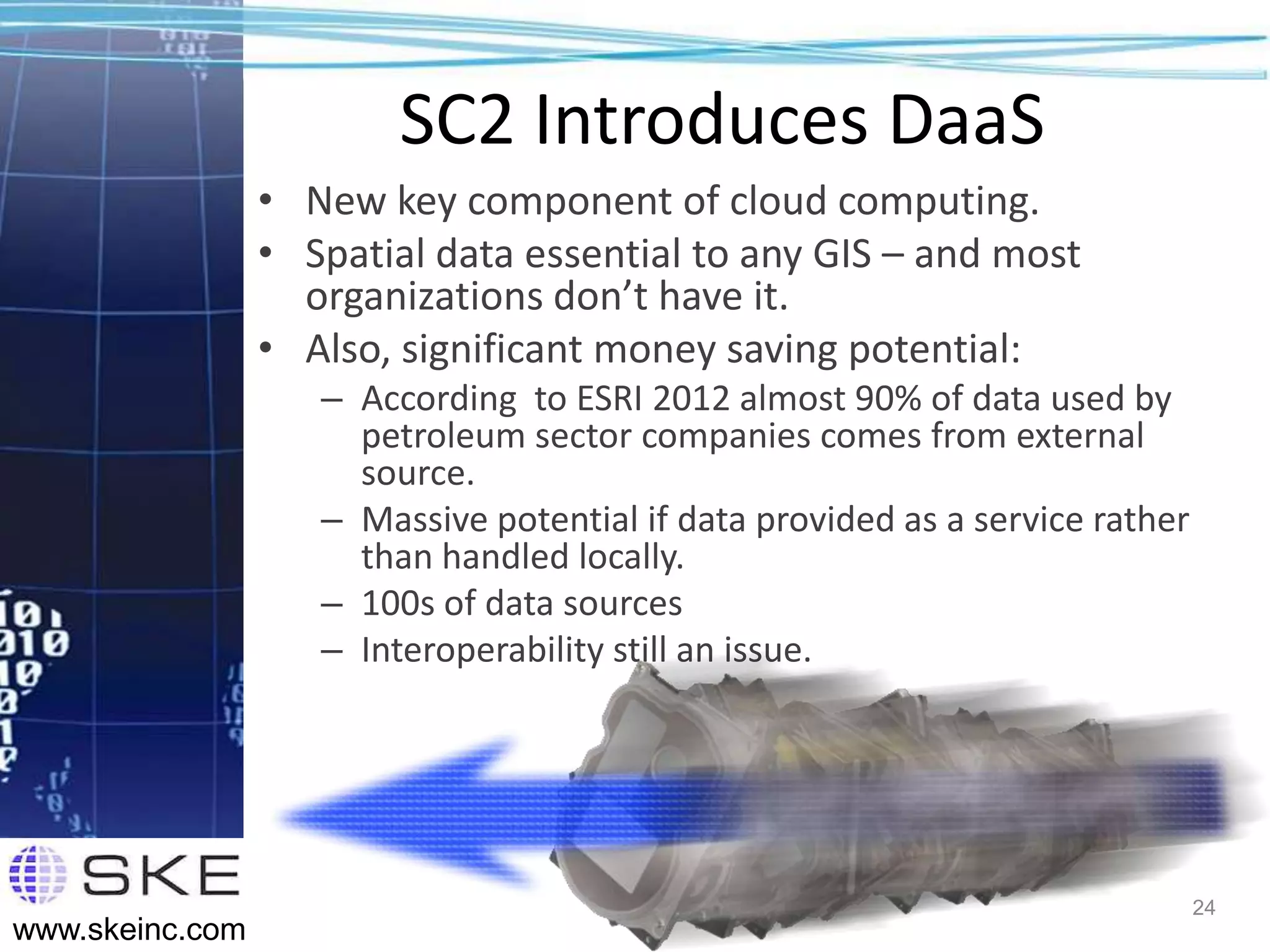 SC2 Introduces DaaS
                 • New key component of cloud computing.
                 • Spatial data essential to any GIS – and most
                   organizations don’t have it.
                 • Also, significant money saving potential:
                    – According to ESRI 2012 almost 90% of data used by
                      petroleum sector companies comes from external
                      source.
                    – Massive potential if data provided as a service rather
                      than handled locally.
                    – 100s of data sources
                    – Interoperability still an issue.




                                                                               24
www.skeinc.com
 