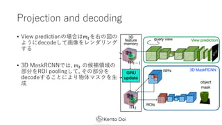 Projection and decoding
? View predictionΈϤ?#Ҥ·
褦decodeƻ

? 3D MaskRCNNǤ, ?# κaI
֤ROI pooling, β֤
decode뤳Ȥˤޥ?

 