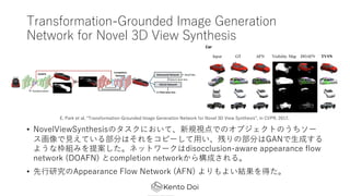 Transformation-Grounded Image Generation
Network for Novel 3D View Synthesis
? NovelViewSynthesisΥˤơҎҕǤΥ֥ȤΤ`
?Ƥ벿֤Ϥ򥳥ԩ`?Фβ֤GAN?ɤ
褦ʖMߤ᰸ͥåȥ`disocclusion-aware appearance flow
network (DOAFN) completion network阋ɤ롣
? ?оAppearance Flow Network (AFN) 褤Yä
E. Park et al. Transformation-Grounded Image Generation Network for Novel 3D View Synthesis, in CVPR, 2017.
 