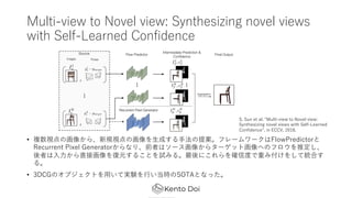 Multi-view to Novel view: Synthesizing novel views
with Self-Learned Confidence
? }ҕλ񤫤顢Ҏҕλ?ɤ?᰸ե``FlowPredictor
Recurrent Pixel Generatorʤꡢǰߤϥ`񤫤饿`åȻؤΥեƶ
ߤ??ֱӻԪ뤳Ȥԇߤ롣ˤ_ŶȤؤ߸򤷤ƽyϤ
롣
? 3DCGΥ֥Ȥ?ƌgY?rSOTAȤʤä
S. Sun et al. Multi-view to Novel view:
Synthesizing novel views with Self-Learned
Confidence, in ECCV, 2018.
 