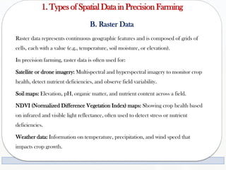 1. Typesof SpatialData in Precision Farming
B. Raster Data
Raster data represents continuous geographic features and is composed of grids of
cells, each with a value (e.g., temperature, soil moisture, or elevation).
In precision farming, raster data is often used for:
Satellite or drone imagery: Multispectral and hyperspectral imagery to monitor crop
health, detect nutrient deficiencies, and observe field variability.
Soil maps: Elevation, pH, organic matter, and nutrient content across a field.
NDVI (Normalized Difference Vegetation Index) maps: Showing crop health based
on infrared and visible light reflectance, often used to detect stress or nutrient
deficiencies.
Weather data: Information on temperature, precipitation, and wind speed that
impacts crop growth.
 
