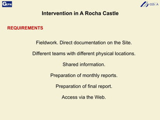 Intervention in A Rocha Castle
REQUIREMENTS
Fieldwork. Direct documentation on the Site.
Different teams with different physical locations.
Shared information.
Preparation of monthly reports.
Preparation of final report.
Access via the Web.
 