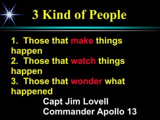 3 Kind of People
1. Those that make things
happen
2. Those that watch things
happen
3. Those that wonder what
happened
Capt Jim Lovell
Commander Apollo 13
 