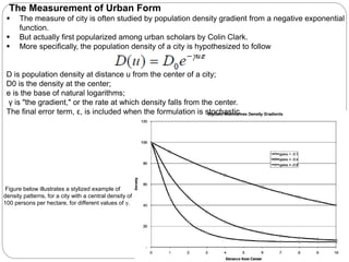 The Measurement of Urban Form 
 The measure of city is often studied by population density gradient from a negative exponential 
function. 
 But actually first popularized among urban scholars by Colin Clark. 
 More specifically, the population density of a city is hypothesized to follow 
D is population density at distance u from the center of a city; 
D0 is the density at the center; 
e is the base of natural logarithms; 
γ is "the gradient," or the rate at which density falls from the center. 
The final error term, ε, is included when the formulation is stochastic. 
Figure below illustrates a stylized example of 
density patterns, for a city with a central density of 
100 persons per hectare, for different values of γ. 
 