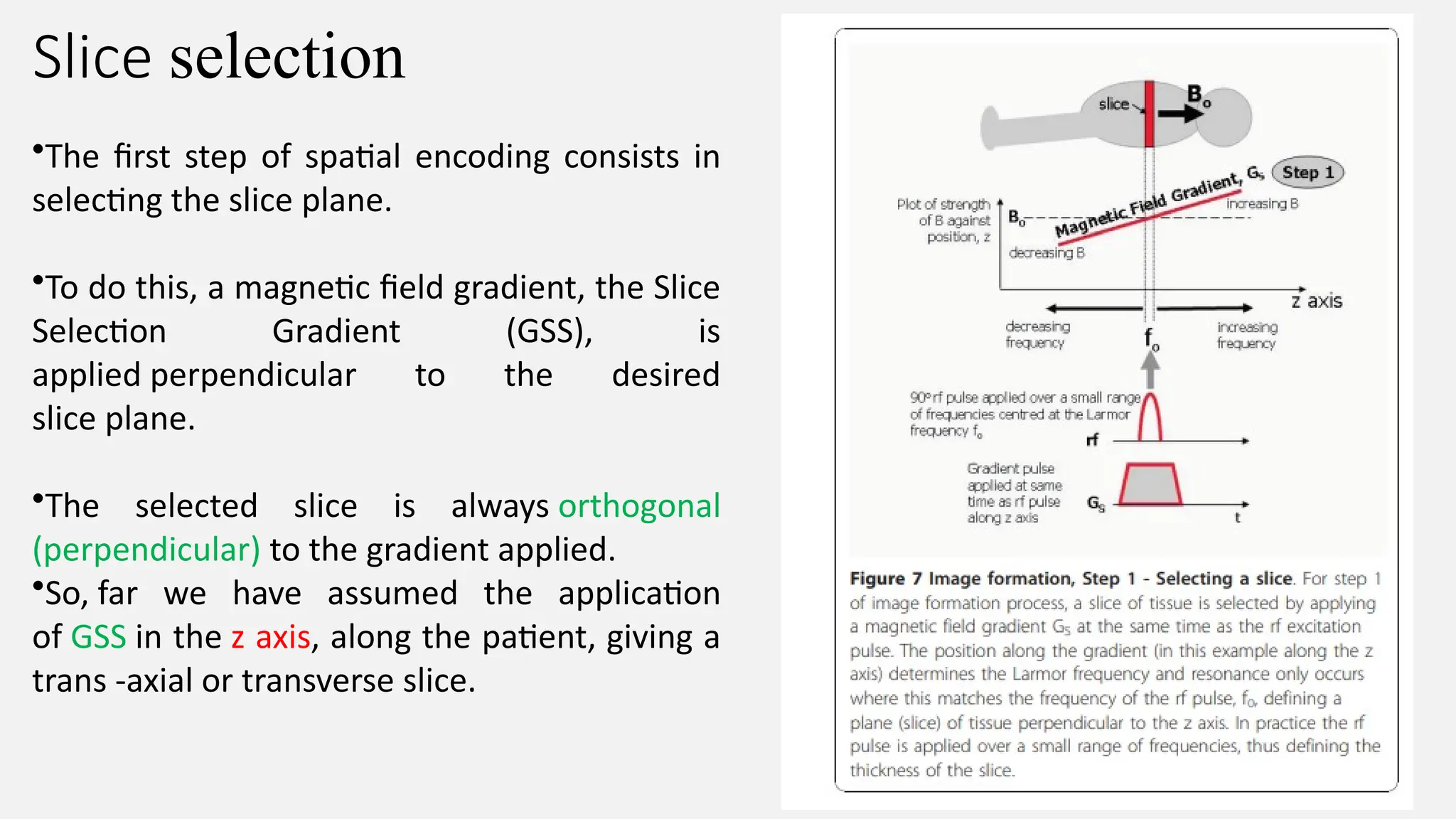 Slice selection
•The first step of spatial encoding consists in
selecting the slice plane. ​
•To do this, a magnetic field gradient, the Slice
Selection Gradient (GSS), is
applied perpendicular to the desired
slice plane.​
•The selected slice is always orthogonal
(perpendicular) to the gradient applied. ​
•So, far we have assumed the application
of GSS in the z axis, along the patient, giving a
trans -axial or transverse slice.
 