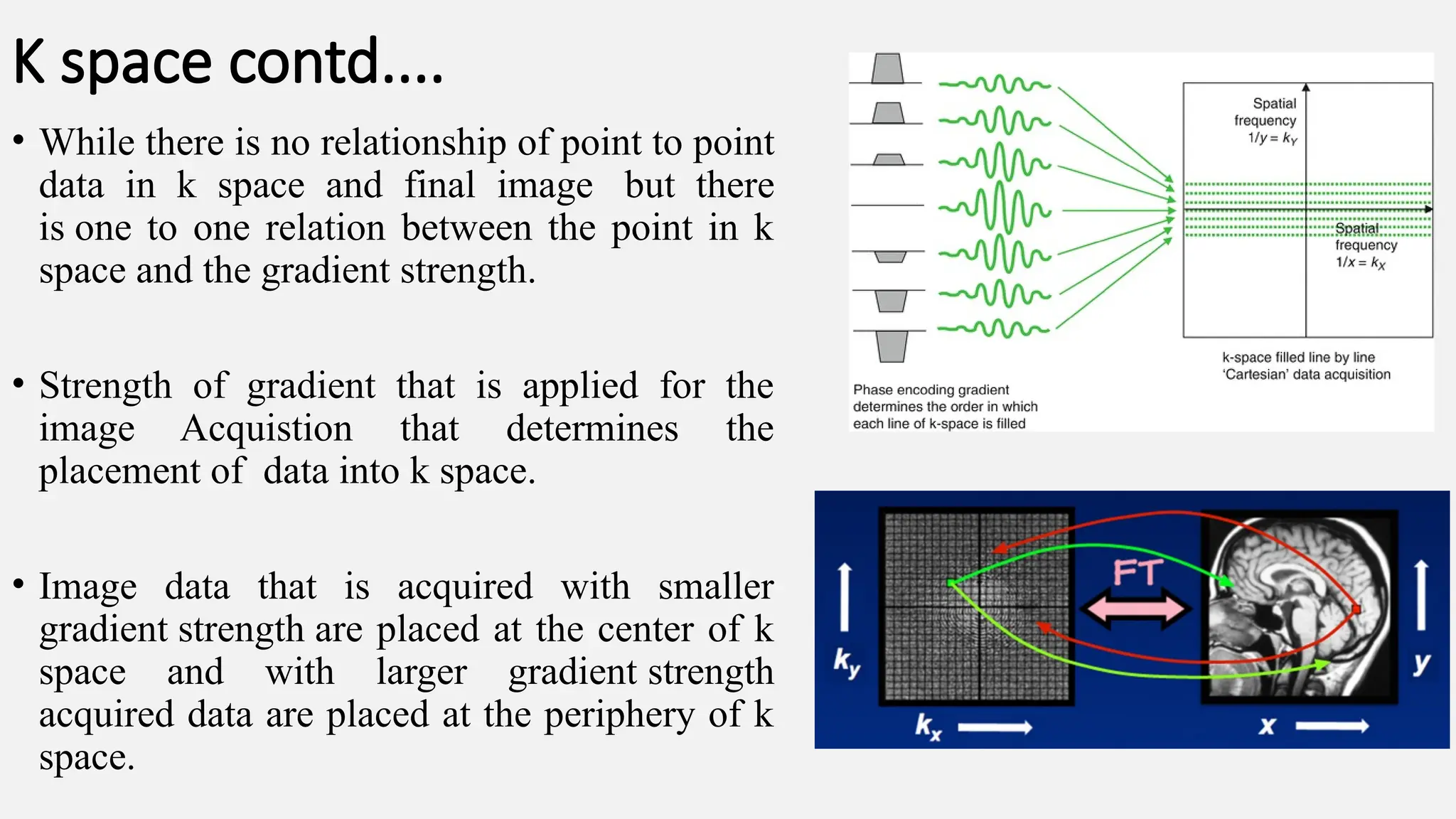 K space contd....
• While there is no relationship of point to point
data in k space and final image but there
is one to one relation between the point in k
space and the gradient strength.
• Strength of gradient that is applied for the
image Acquistion that determines the
placement of data into k space.
• Image data that is acquired with smaller
gradient strength are placed at the center of k
space and with larger gradient strength
acquired data are placed at the periphery of k
space.
 