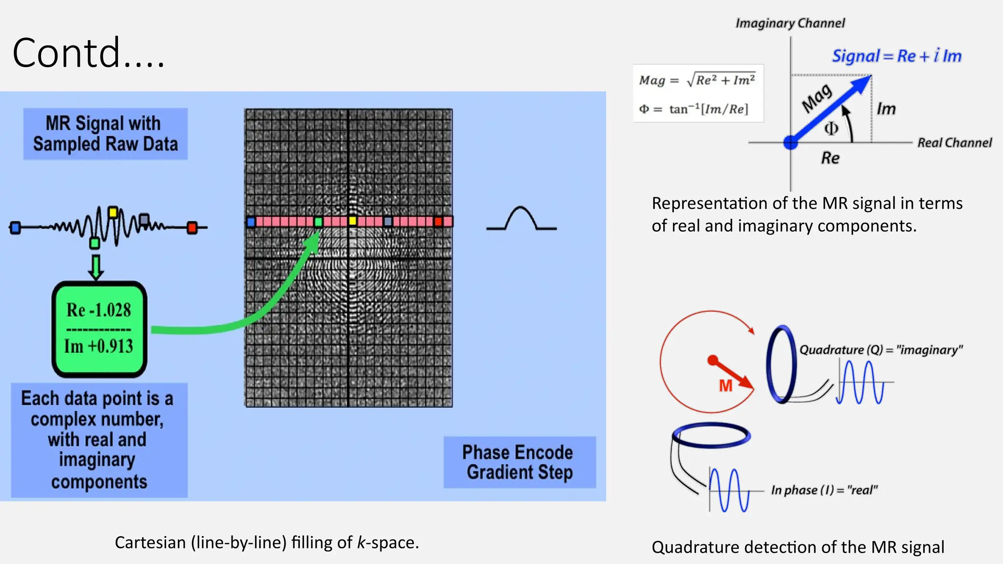 Contd....
Quadrature detection of the MR signal
Representation of the MR signal in terms
of real and imaginary components.
Cartesian (line-by-line) filling of k-space.
 