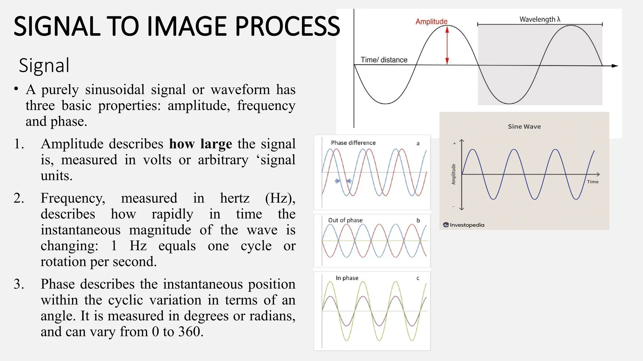 Signal
• A purely sinusoidal signal or waveform has
three basic properties: amplitude, frequency
and phase.
1. Amplitude describes how large the signal
is, measured in volts or arbitrary ‘signal
units.
2. Frequency, measured in hertz (Hz),
describes how rapidly in time the
instantaneous magnitude of the wave is
changing: 1 Hz equals one cycle or
rotation per second.
3. Phase describes the instantaneous position
within the cyclic variation in terms of an
angle. It is measured in degrees or radians,
and can vary from 0 to 360.
SIGNAL TO IMAGE PROCESS
 