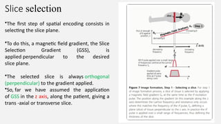 Slice selection
•The first step of spatial encoding consists in
selecting the slice plane. ​
•To do this, a magnetic field gradient, the Slice
Selection Gradient (GSS), is
applied perpendicular to the desired
slice plane.​
•The selected slice is always orthogonal
(perpendicular) to the gradient applied. ​
•So, far we have assumed the application
of GSS in the z axis, along the patient, giving a
trans -axial or transverse slice.
 