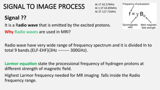 Signal ??
It is a Radio wave that is emitted by the excited protons.
Why Radio waves are used in MRI?
Radio wave have very wide range of frequency spectrum and it is divided In to
total 9 bands.(ELF-EHF)(3Hz -------- 300GHz).
Larmor equation state the processional frequency of hydrogen protons at
different strength of magnetic field.
Highest Larmor frequency needed for MR imaging falls inside the Radio
frequency range.
SIGNAL TO IMAGE PROCESS At 1T 42.57MHz
At 1.5T 63.85MHz
At 3T 127.71MHz
 