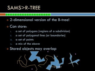  2-dimensional version of the B-tree!
SAMS>R-TREE
 Can store:
i. a set of polygons (regions of a subdivision)
ii. a set of polygonal lines (or boundaries)
iii. a set of points
iv. a mix of the above
 Stored objects may overlap
www.geobook.ir
 