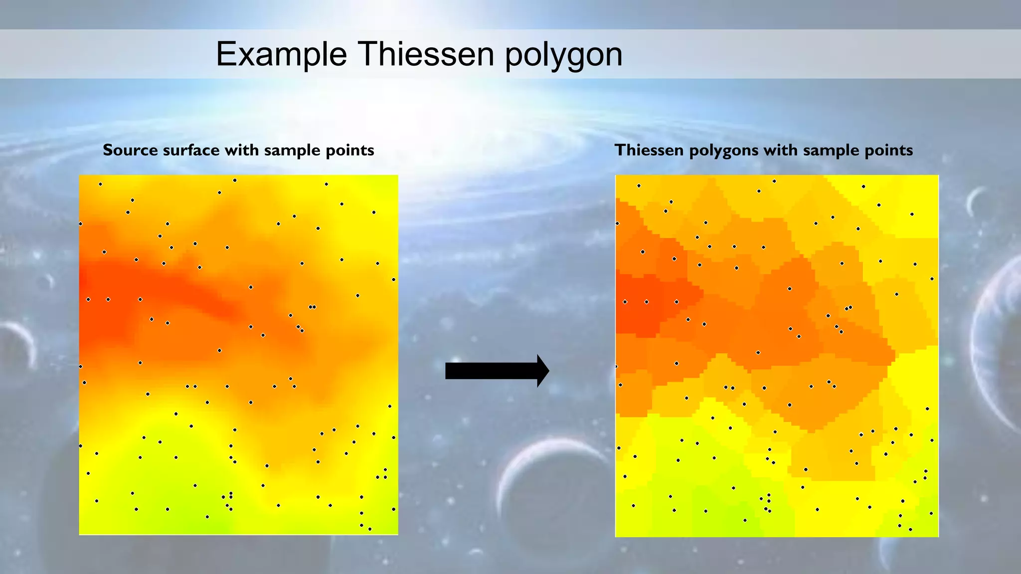 Example Thiessen polygon
Source surface with sample points Thiessen polygons with sample points
 