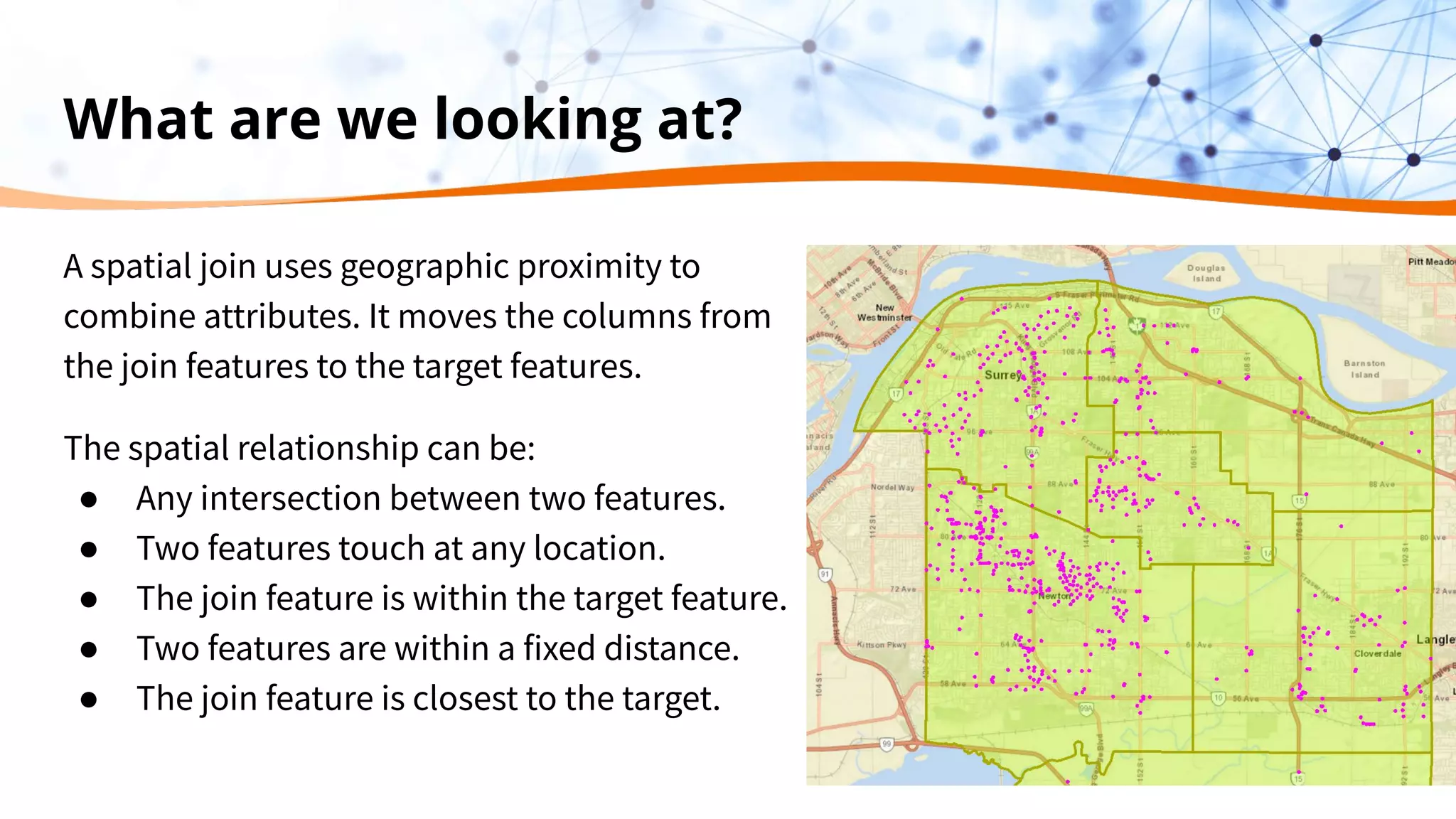 What are we looking at?
A spatial join uses geographic proximity to
combine attributes. It moves the columns from
the join features to the target features.
The spatial relationship can be:
● Any intersection between two features.
● Two features touch at any location.
● The join feature is within the target feature.
● Two features are within a fixed distance.
● The join feature is closest to the target.
 