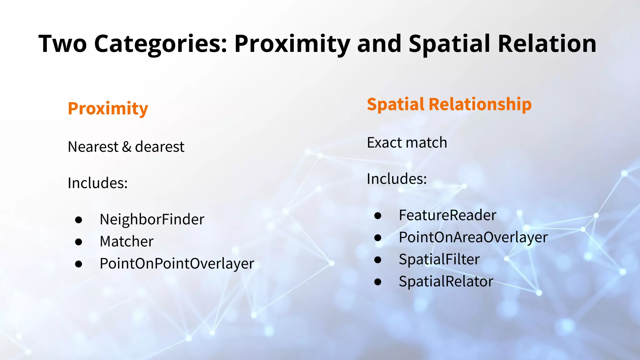 Two Categories: Proximity and Spatial Relation
Proximity
Nearest & dearest
Includes:
● NeighborFinder
● Matcher
● PointOnPointOverlayer
Spatial Relationship
Exact match
Includes:
● FeatureReader
● PointOnAreaOverlayer
● SpatialFilter
● SpatialRelator
 