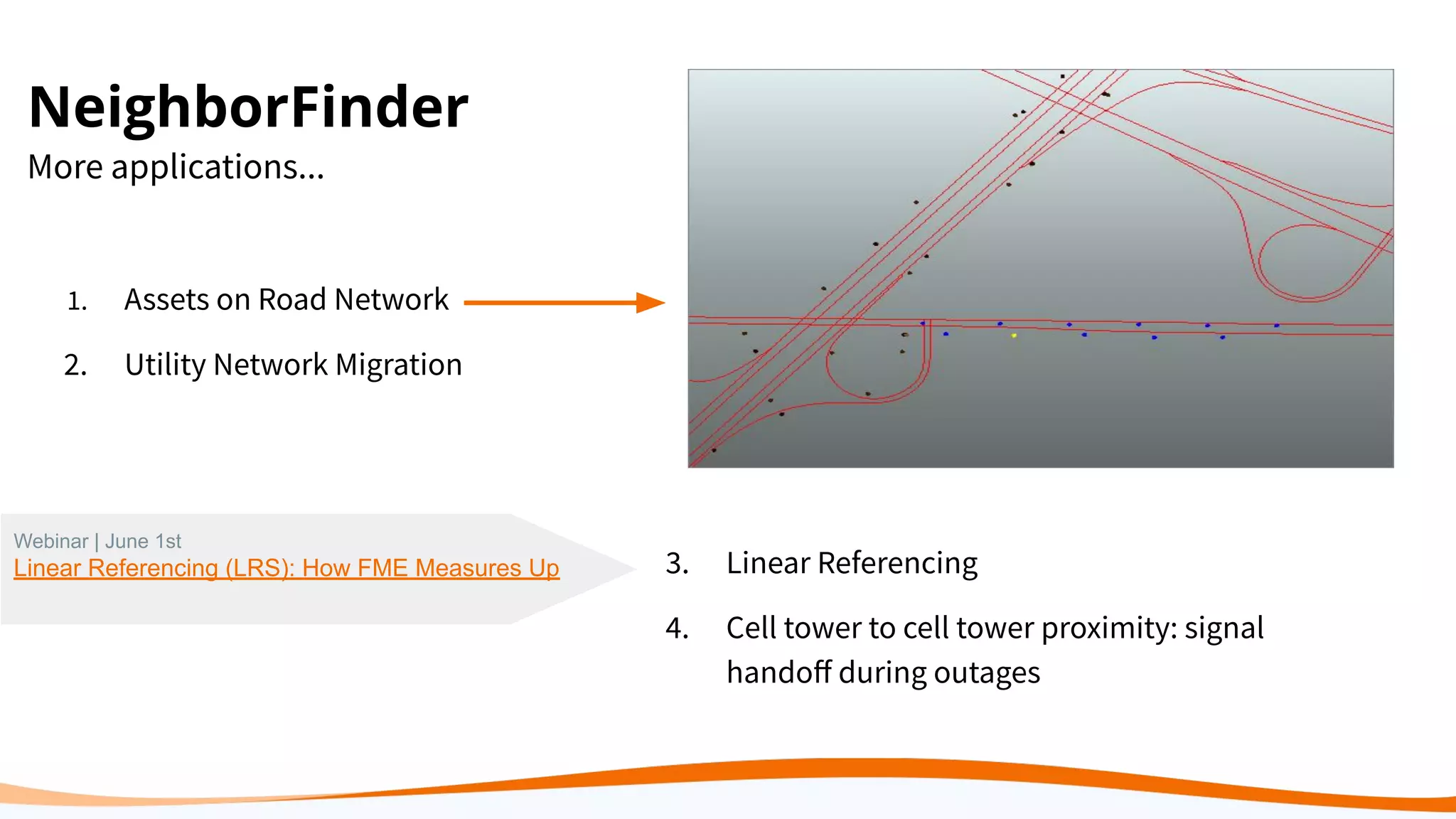 NeighborFinder
1. Assets on Road Network
2. Utility Network Migration
More applications...
3. Linear Referencing
4. Cell tower to cell tower proximity: signal
handoﬀ during outages
Webinar | June 1st
Linear Referencing (LRS): How FME Measures Up
 
