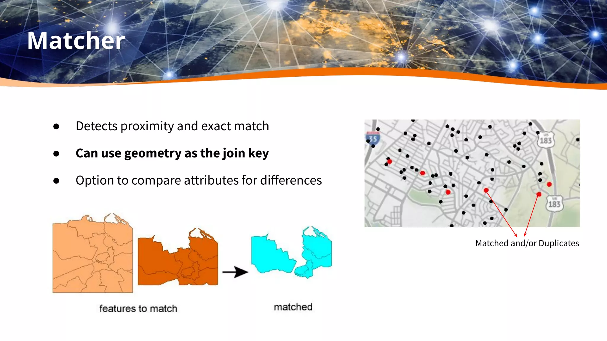 Matcher
● Detects proximity and exact match
● Can use geometry as the join key
● Option to compare attributes for diﬀerences
Matched and/or Duplicates
 