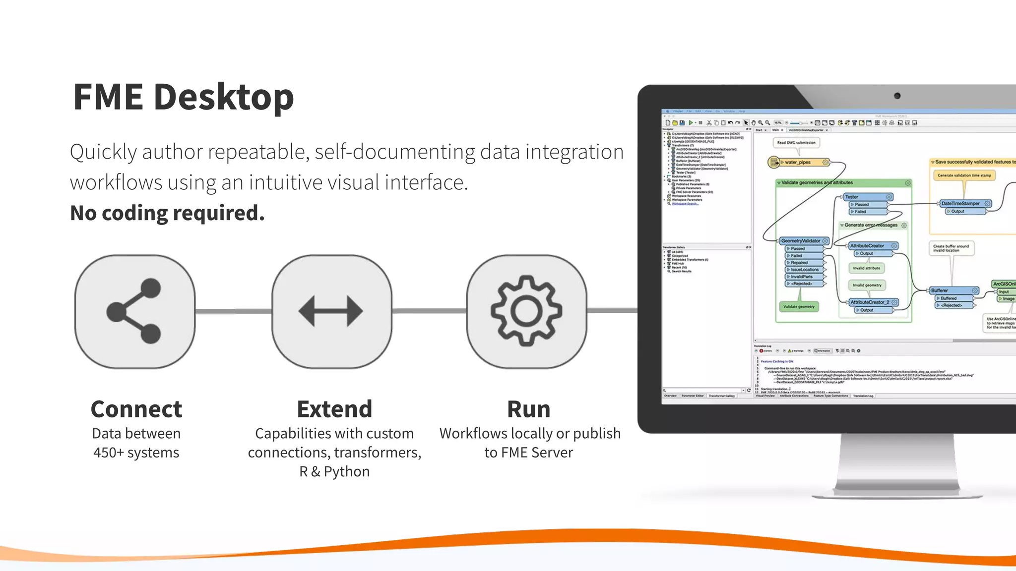 Connect
Data between
450+ systems
Extend
Capabilities with custom
connections, transformers,
R & Python
Run
Workflows locally or publish
to FME Server
FME Desktop
Quickly author repeatable, self-documenting data integration
workflows using an intuitive visual interface.
No coding required.
 
