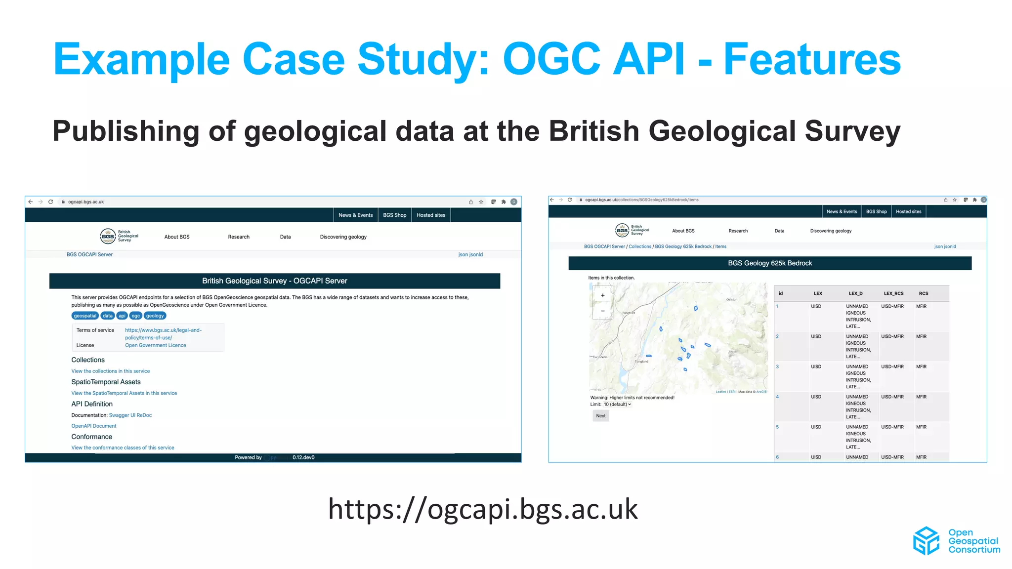 Example Case Study: OGC API - Features
https://ogcapi.bgs.ac.uk
Publishing of geological data at the British Geological Survey
 
