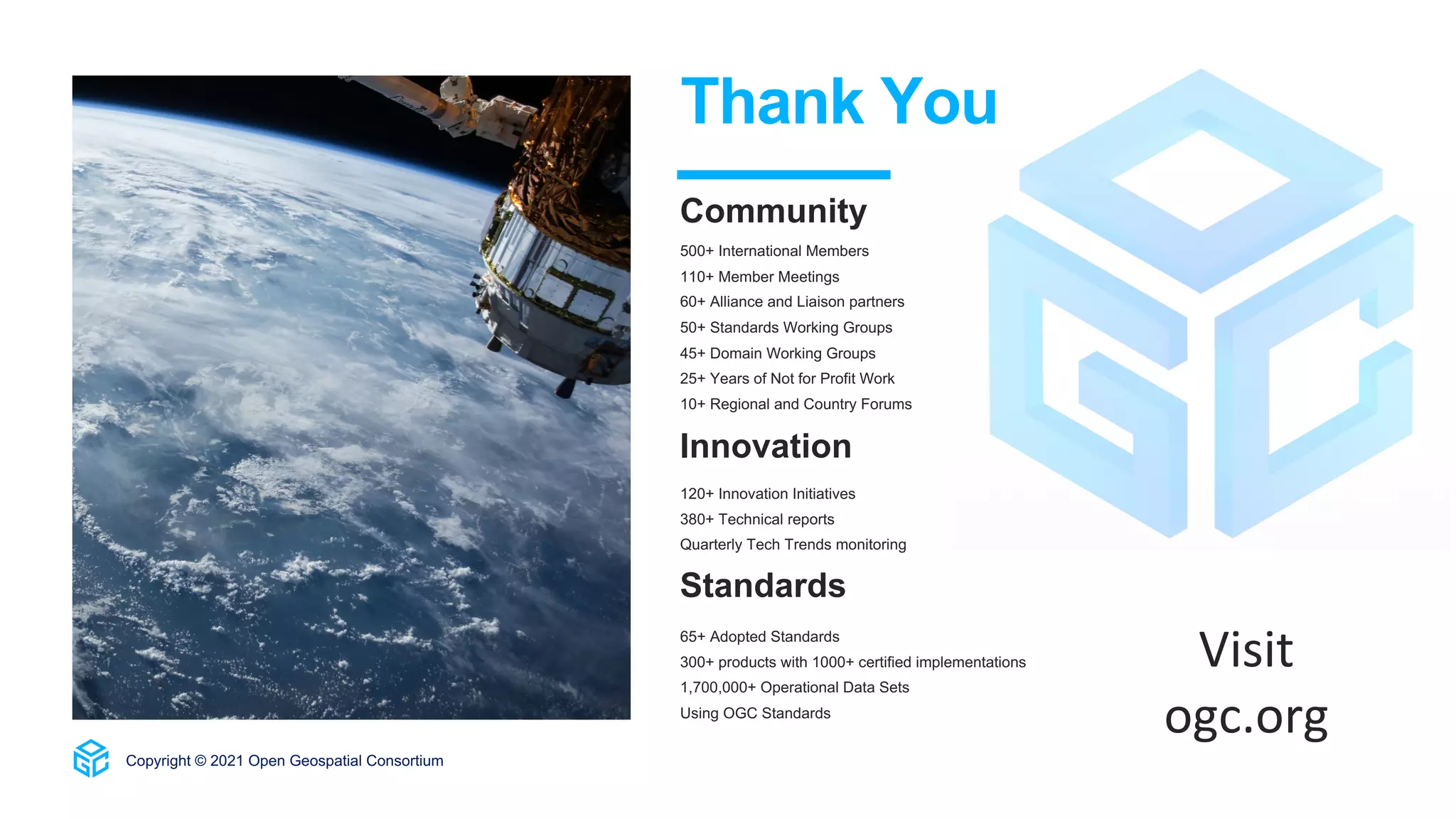 500+ International Members
110+ Member Meetings
60+ Alliance and Liaison partners
50+ Standards Working Groups
45+ Domain Working Groups
25+ Years of Not for Profit Work
10+ Regional and Country Forums
Innovation
120+ Innovation Initiatives
380+ Technical reports
Quarterly Tech Trends monitoring
Standards
65+ Adopted Standards
300+ products with 1000+ certified implementations
1,700,000+ Operational Data Sets
Using OGC Standards
Copyright © 2021 Open Geospatial Consortium
Thank You
Community
Visit
ogc.org
 