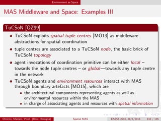 Environment as Space
MAS Middleware and Space: Examples IV
Omicini, Mariani, Viroli (Univ. Bologna) Spatial MAS EASSS 2016, 28/7/2016 110 / 135
 