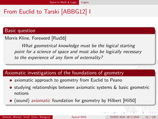 Space in Math & Logic Logics
From Euclid to Tarski [ABBG12] I
Basic question
Morris Kline, Foreword [Rus56]
What geometrical knowledge must be the logical starting
point for a science of space and must also be logically necessary
to the experience of any form of externality?
Axiomatic investigations of the foundations of geometry
axiomatic approach to geometry from Euclid to Peano
studying relationships between axiomatic systems & basic geometric
notions
(sound) axiomatic foundation for geometry by Hilbert [Hil50]
Omicini, Mariani, Viroli (Univ. Bologna) Spatial MAS EASSS 2016, 28/7/2016 12 / 135
 