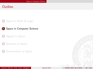 Space in Computer Science
Outline
1 Space in Math & Logic
2 Space in Computer Science
3 Agents in Space
4 Societies in Space
5 Environment as Space
Omicini, Mariani, Viroli (Univ. Bologna) Spatial MAS EASSS 2016, 28/7/2016 20 / 135
 