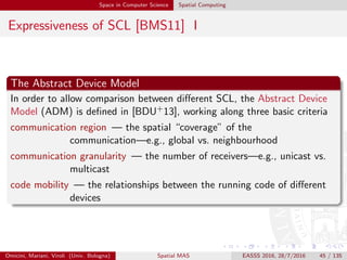 Space in Computer Science Spatial Computing
Expressiveness of SCL [BMS11] I
The Abstract Device Model
In order to allow comparison between diﬀerent SCL, the Abstract Device
Model (ADM) is deﬁned in [BDU+13], working along three basic criteria
communication region — the spatial “coverage” of the
communication—e.g., global vs. neighbourhood
communication granularity — the number of receivers—e.g., unicast vs.
multicast
code mobility — the relationships between the running code of diﬀerent
devices
Omicini, Mariani, Viroli (Univ. Bologna) Spatial MAS EASSS 2016, 28/7/2016 45 / 135
 