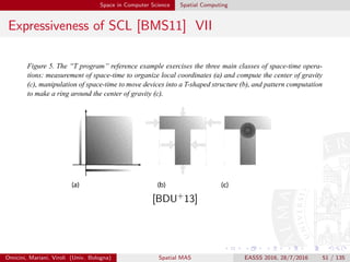 Space in Computer Science Spatial Computing
Expressiveness of SCL [BMS11] VII Organizing the Aggregate
Figure 5. The "T pn>gram " reference example exercise» the three main cia»se» of.ipace-time opera-
tions: measurement of»pate-time io orgam'ze iota) coordinates (a) and i ompuie the center o)' gnavity
(i), manipulation of spat e time to movedevices into a'i'shaped strut iure (h), and pattern i omputution
to make a ring around ihe center of gravitv (c).
(a) (b) (c)
This siinple challenge will show how various
exemplary languages approach the three basic
categories of space-time operations in programs.
Meta-operations are not required, but we will
either illustrate or discuss them as well.
is that DSLs throughout these doinains are often
tom betweenaddressing aggregateprogramming
with space-time operators and addressing other
domain-specific concerns, particularly so in the
four application domains surveyed.
To better enable an overall view of the field
[BDU+13]
Omicini, Mariani, Viroli (Univ. Bologna) Spatial MAS EASSS 2016, 28/7/2016 51 / 135
 